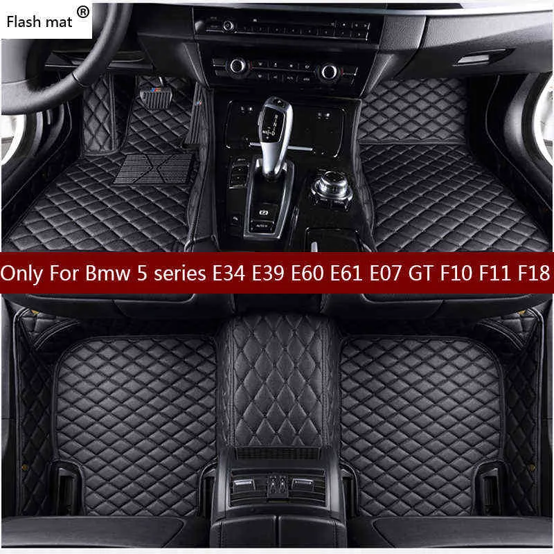Flash Mat Leather bilgolvmattor för BMW 5 Series E34 E39 E60 E61 F07 GT F10 F11 F18 2004-2018 Anpassad bilfot mattan H22041226O