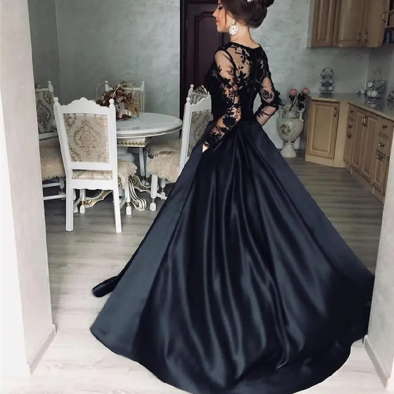 Custom Made A Line Deep V Neck Black Long Sleeves Prom Dresses With Le –  jbydress