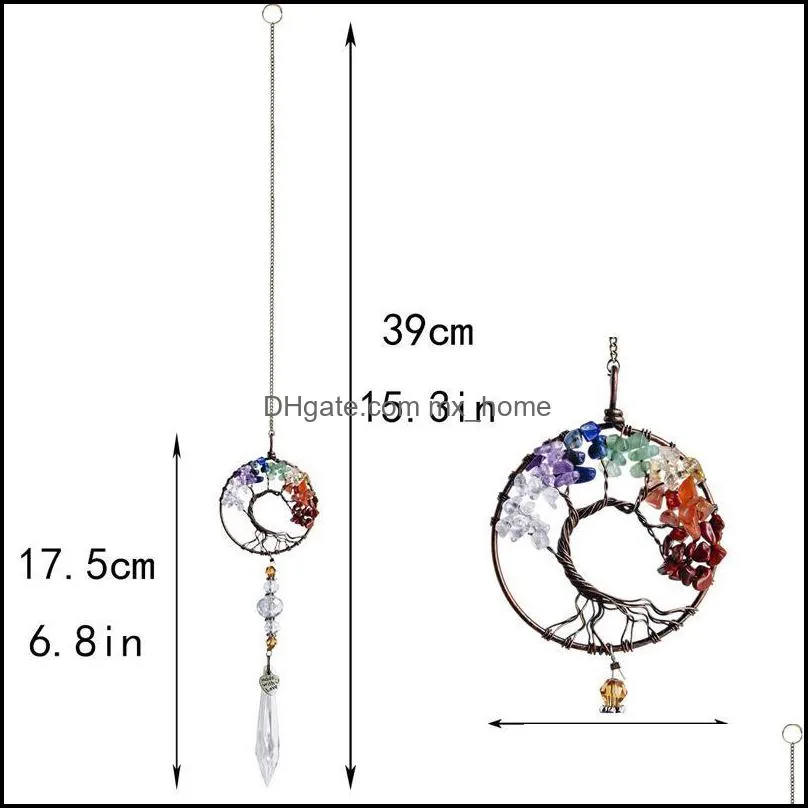 Healing Spiritual Home Window wall Hanging pendant Decor Tree Of Life hang Chakra Stone Prism Natural Crystal Charm Ornament