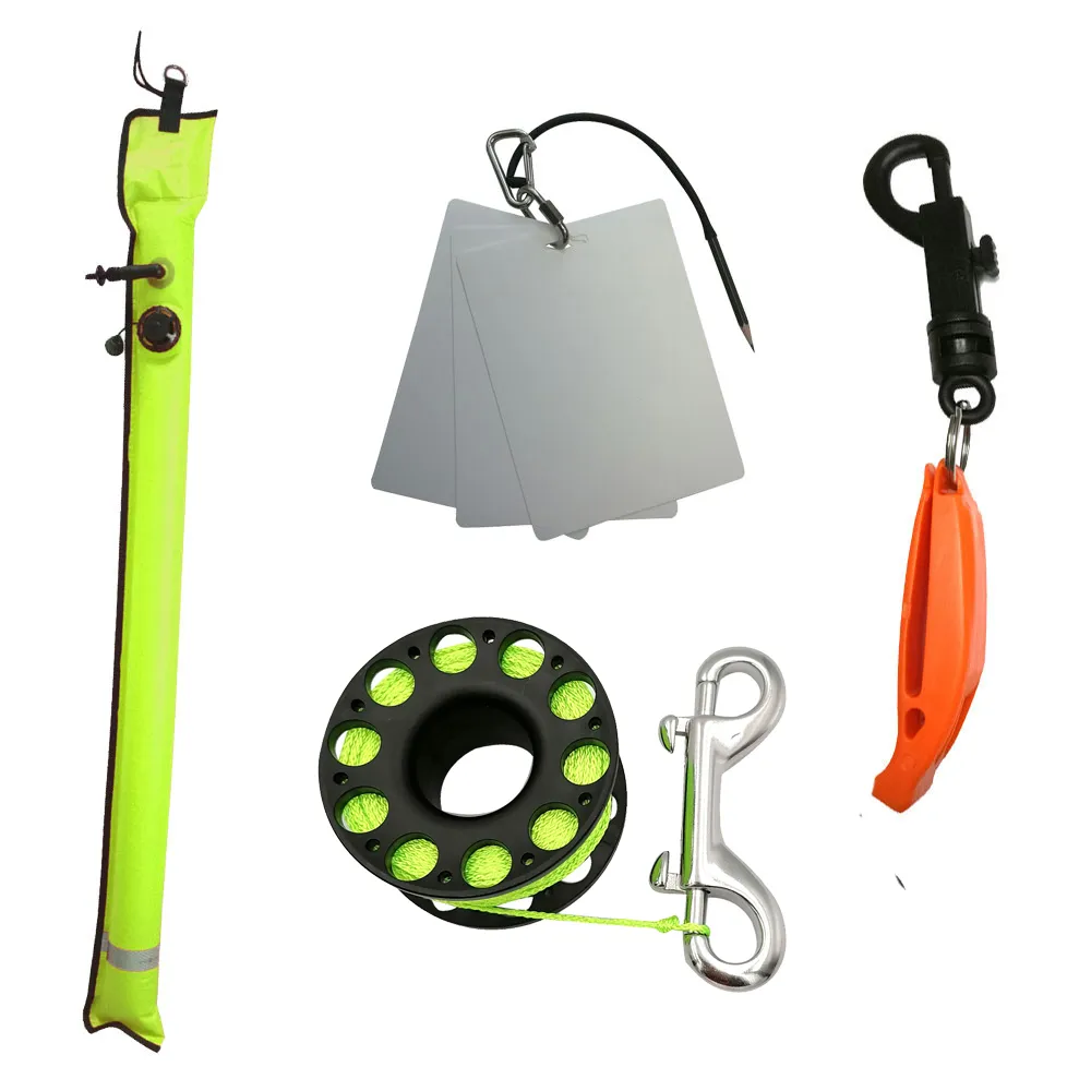 Poolvrak 1m SMB Surface Signal Marker Buoy 3 Paneler Underwater Writing Slate Board 30m Scuba Diving Reel Finger Spool