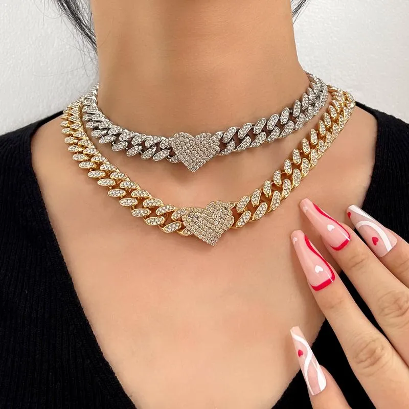 سلاسل Flatfoosie 13mm Hip Hop Miami Curb Cupan Chain Necklace for Women Iced Out Rhinestone Link Heart Choker Rapper Jewelrychains