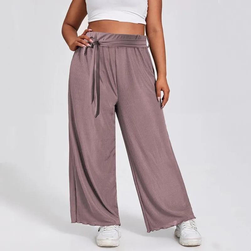 Pantalon grande taille pour femme, ceinture, été, élégant, jambes larges, élastique, ample, tricot côtelé, pantalon droit décontracté, bas 6XL 7XLWomen's