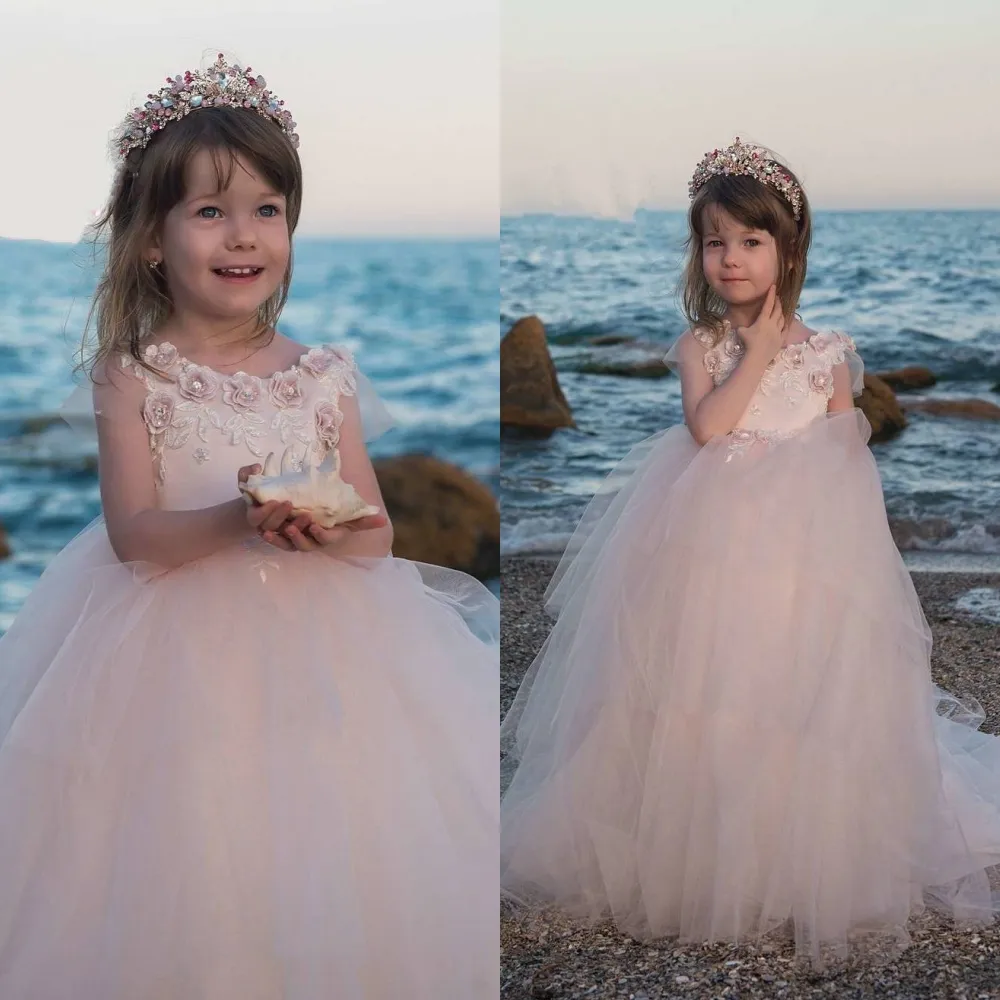 Blush Pink Flower Girl Abiti Matrimoni 2022 Fiori 3D Maniche trasparenti Toddler Formal Party Bambini Compleanno Comunioni Abiti Gonna da ballo in tulle multistrato