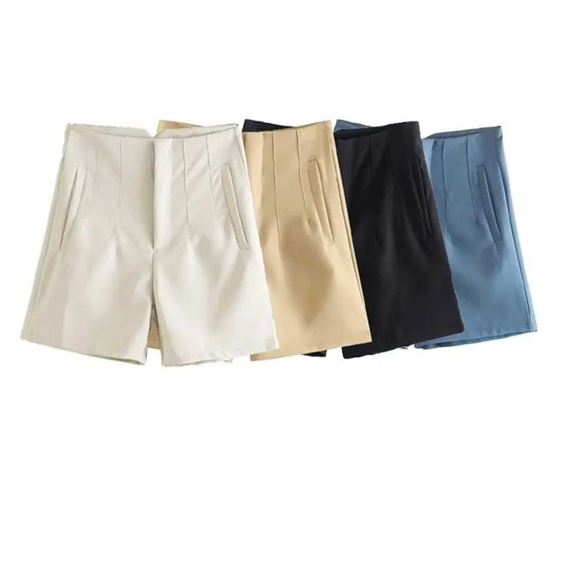 TRAF Women Fashion Front Darts Side Pockets Shorts Vintage High Waist Zipper Fly Female Short Pants Mujer 220622