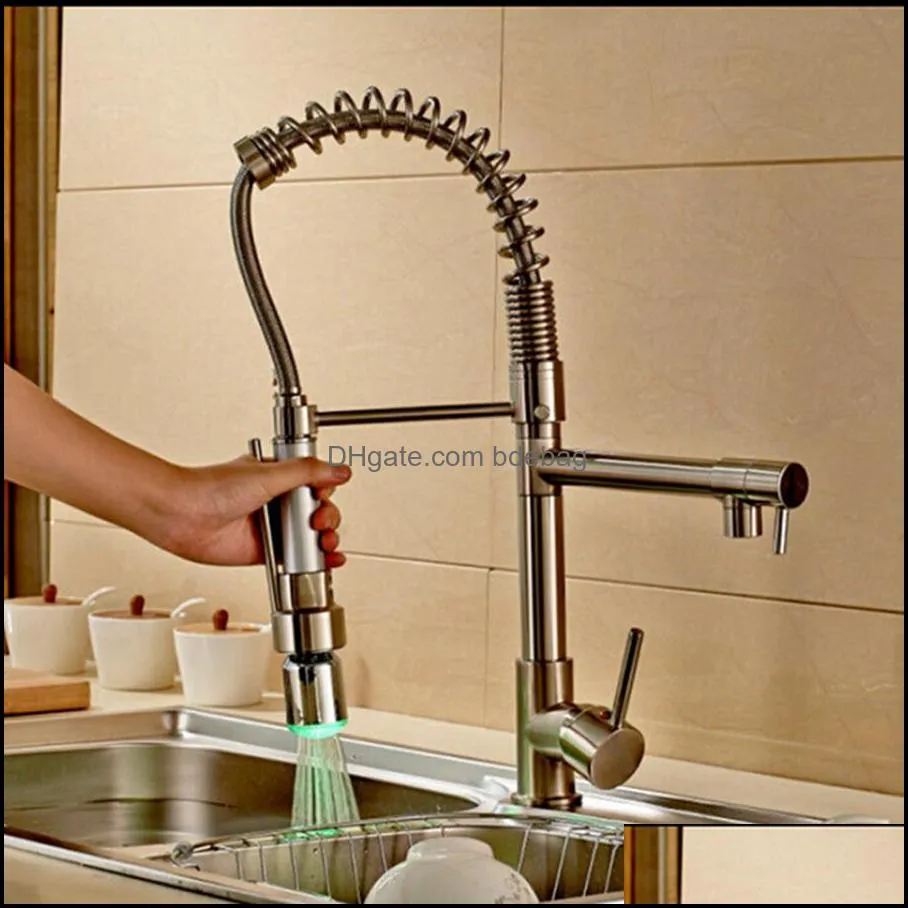 Wholesale And Retail Brushed Nickel Kitchen Faucet Swivel Spouts LED Sprayer Deck Mounted Vessel Sink Mixer Tap