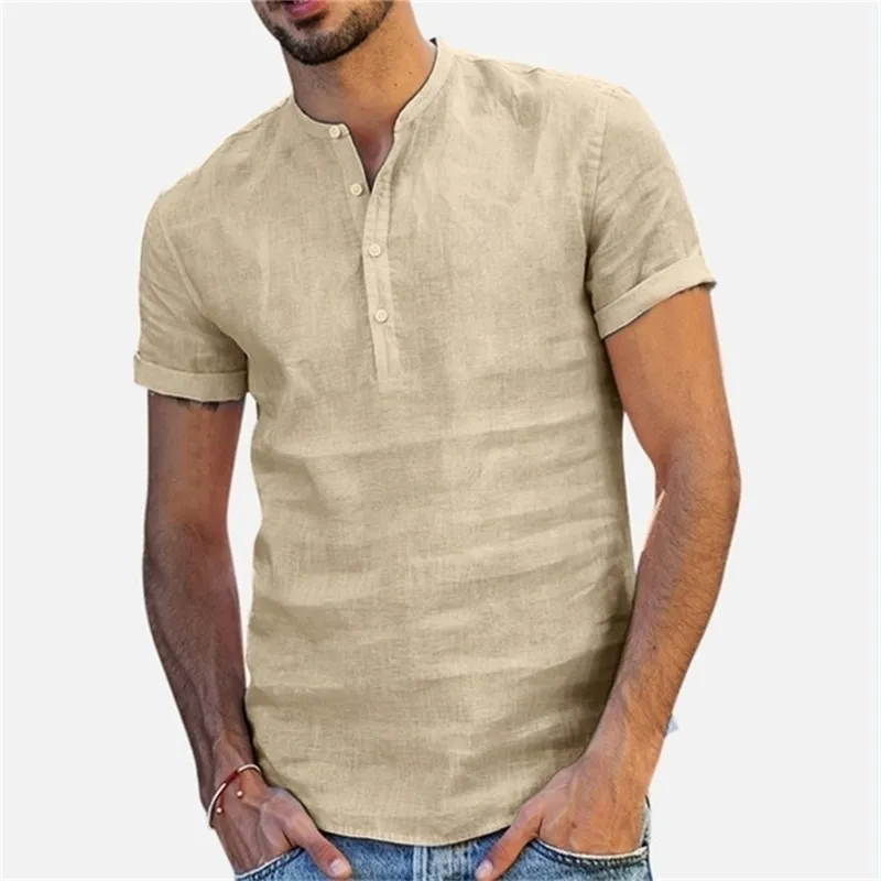 Men Short Sleeve Linen Breathable Casual Slim Fit Solid Cotton Shirts Mens Pullover Tops Blouse 220614