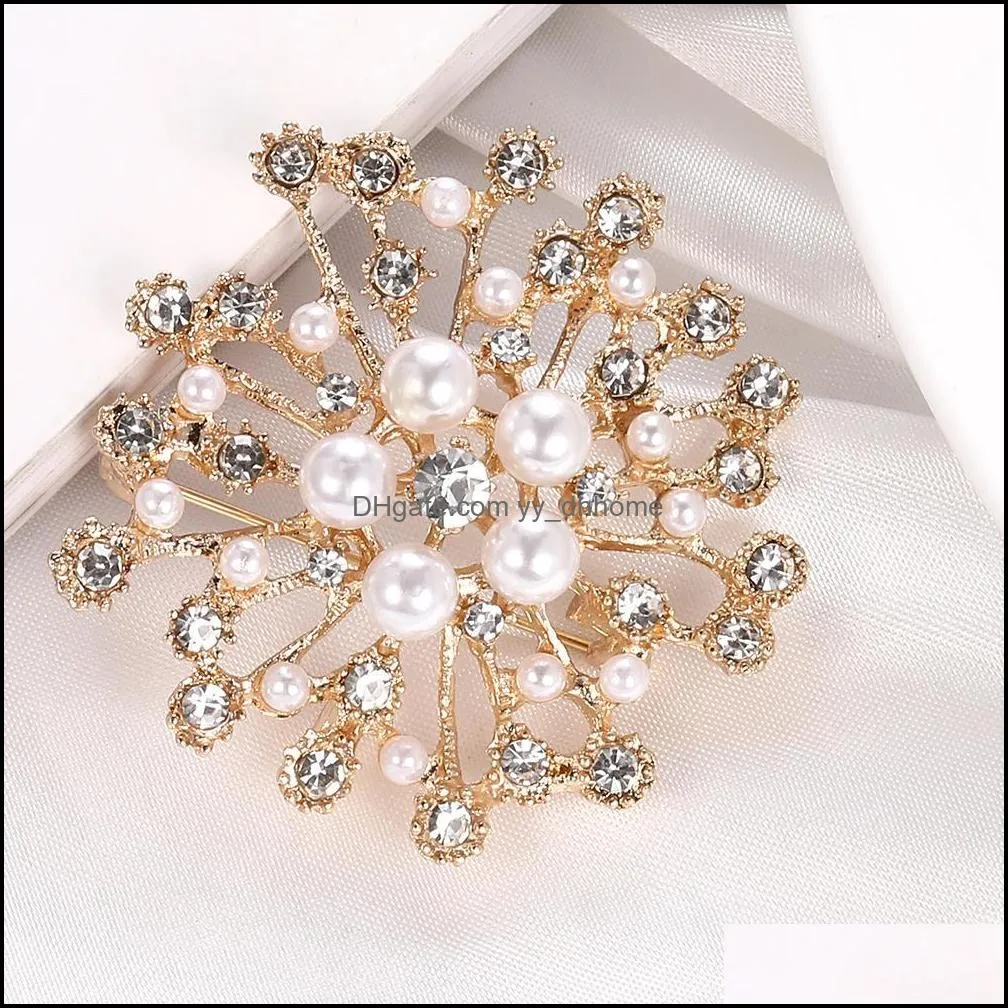fashion imitation pearl rhinestone crystal metal flower brooches for women wedding bridal party round bouquet brooch pin