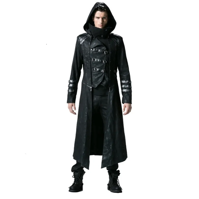 Steampunk Männer Trenchcoats Schwarz Strentch Twill Mäntel mit Leder Gothic Kapuze Abnehmbare Lange Wintermäntel CJ191128