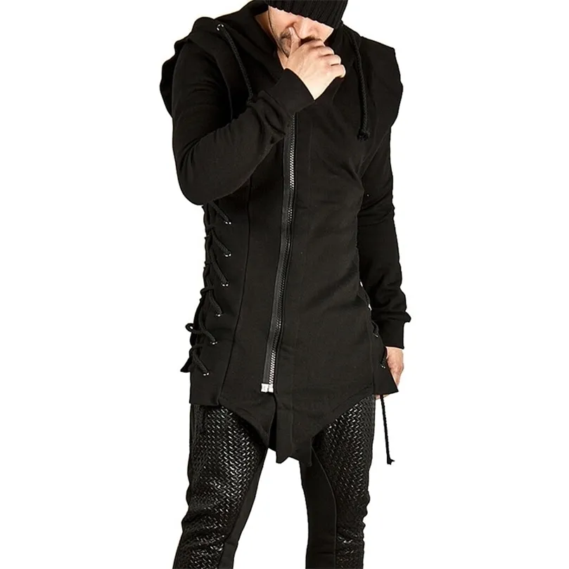 Noir Long Hoodie Hommes Mode Bandage Zipper Hommes Sweats Hip Hop Streetwear Casual Pull À Capuche Hommes XXL 201126