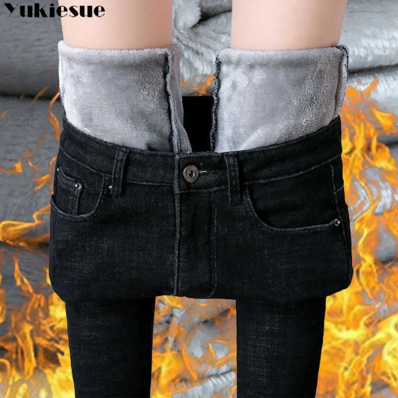 Jeans autunno inverno donna vita alta in pile caldo pantalone lungo femminile pantalone in denim di cotone blu spesso 210608