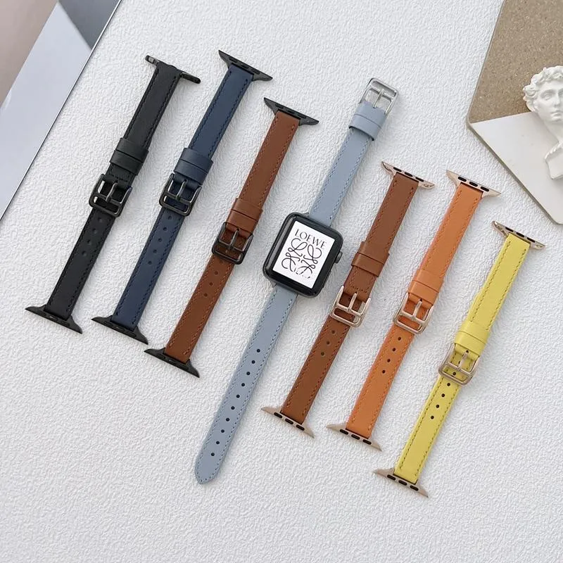 Luksusowe zegarki Prawdziwe skórzane Slim Solid Color Correy Smart Paski do Iwatch 6 5 4 41mm 45mm do Apple Watch Serie 7