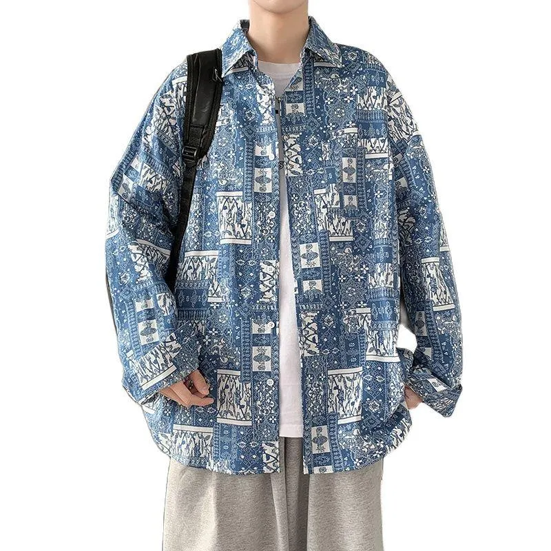 Men's Casual Shirts Spring Oversize Men Printed Baggy Blouse Fashion Harajuku Street Full Sleeve Coat Button Tops Male Clothing Plus Size 5X