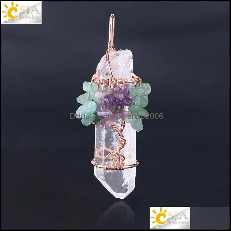 Natural White Crystal Big Pendant Reiki Chakra Tree of Life Rose Gold Color Handmade Wire Wrapped Pendant for Necklace