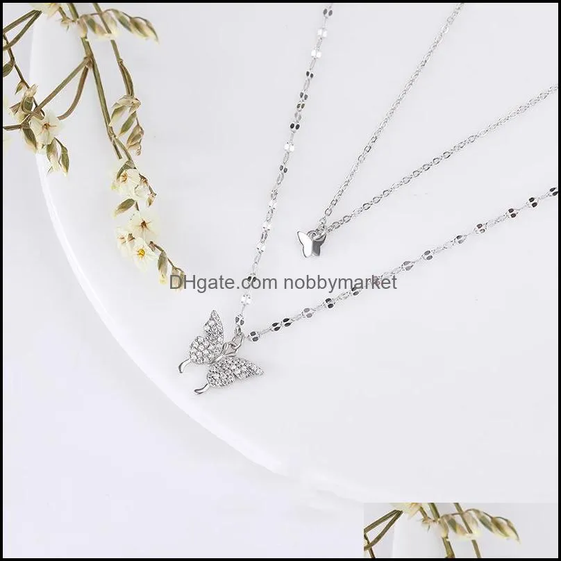 Hiyong Sterling Butterfly Pendant Double Layer Women Statement Silver Necklace Cute Jewelry Gifts Wholesale