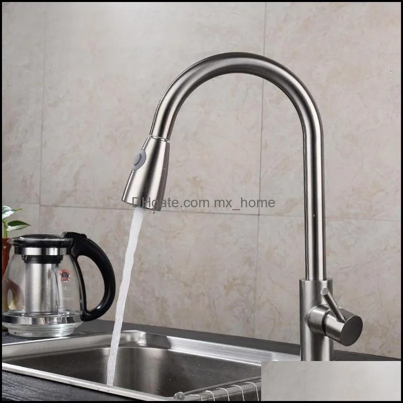 Brushed Nickel Finish Kitchen Sink Faucet Pull Out Sprayer Deck Mount Mixer Tap Swivel Spout Water