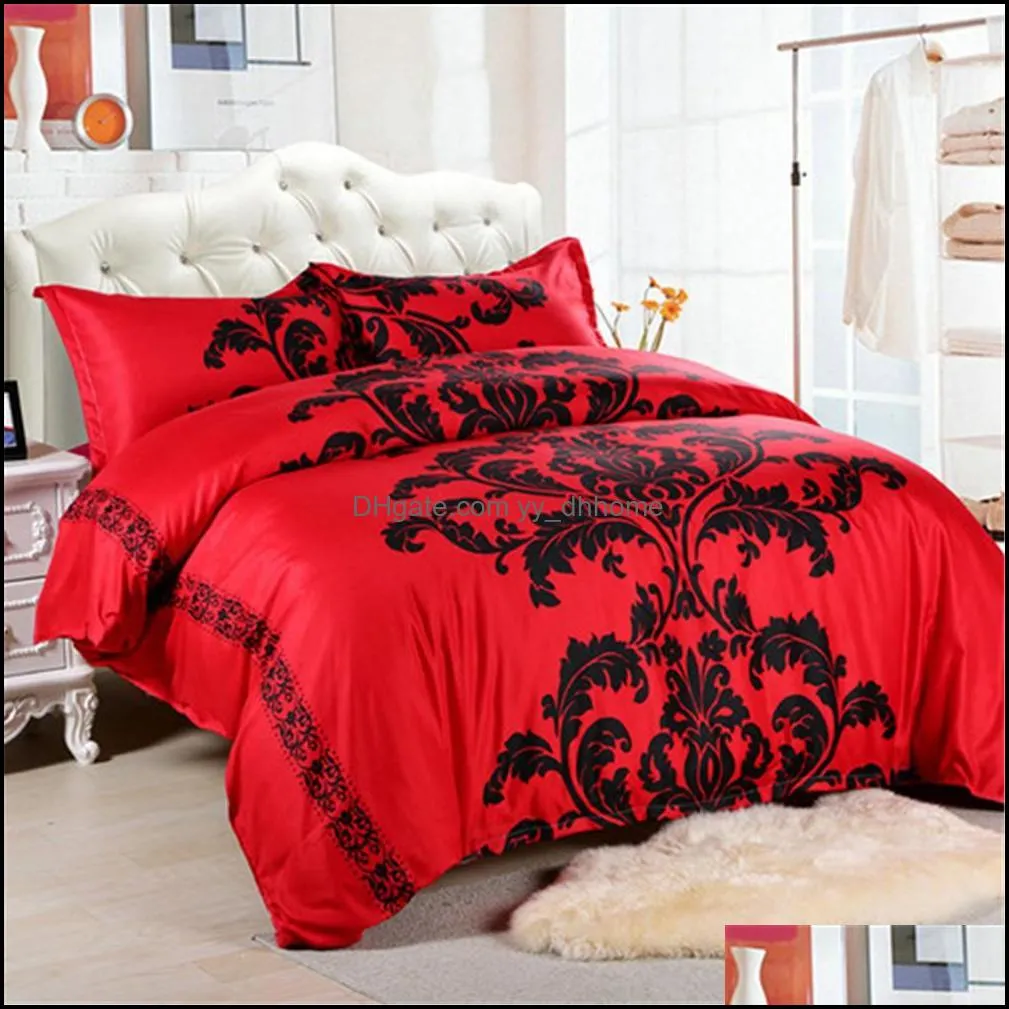 Red Bedding Set Double/Queen Size Feathers Duvet Cover White Bed Set Beautiful Bedclothes 3pcs