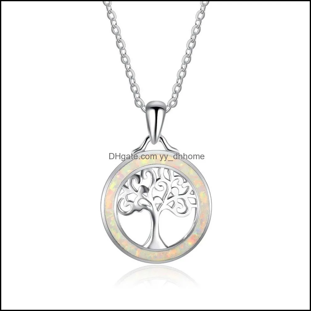 Fashion Exquisite Tree Of Life Pendant 925 Sterling Silver Necklace White Fire Opal Jewelry Glamour Women Fashion Gifts