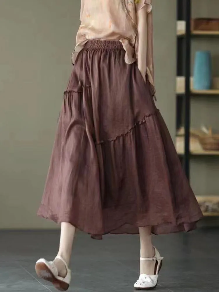 Skirts Summer Double-layer Design Cotton And Linen Skirt Literary Fairy Solid Color Elastic Waist Irregular Tutu WomenSkirts