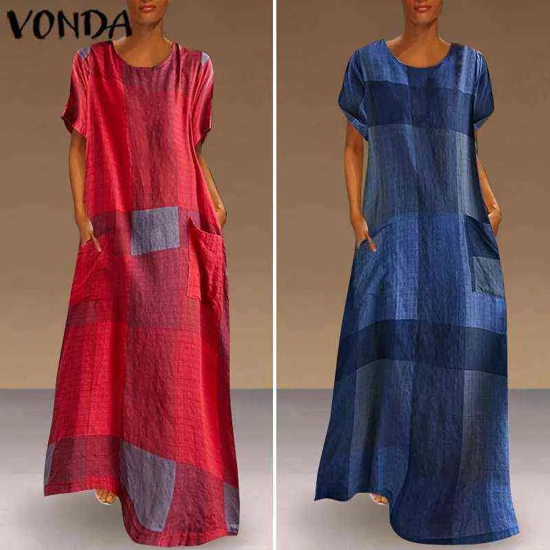 Vonda 2022 خمر المرقعة منقوشة Maxi Dress Women Bohemian Vests Holiday Beach Dress Dression Summer Sundress G220510