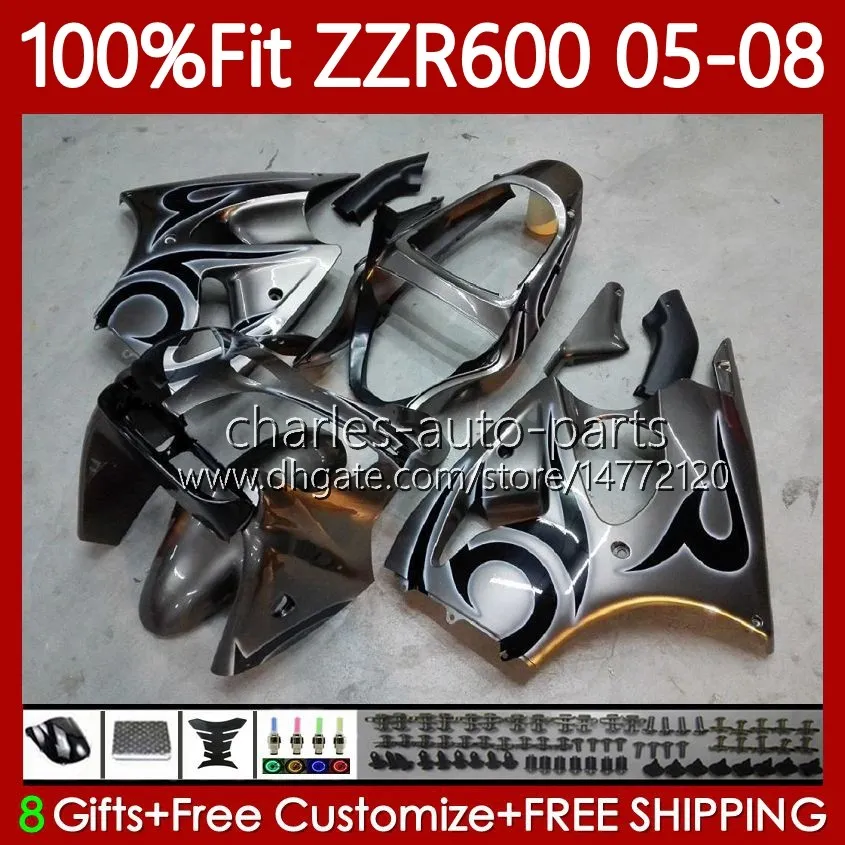 100% Fit Fairings For KAWASAKI NINJA 600CC ZZR-600 600 CC 2005-2008 Black flames Bodywork 134No.76 ZZR600 05 06 07 08 ZZR 600 2005 2006 2007 2008 Injection Mold Body Kit