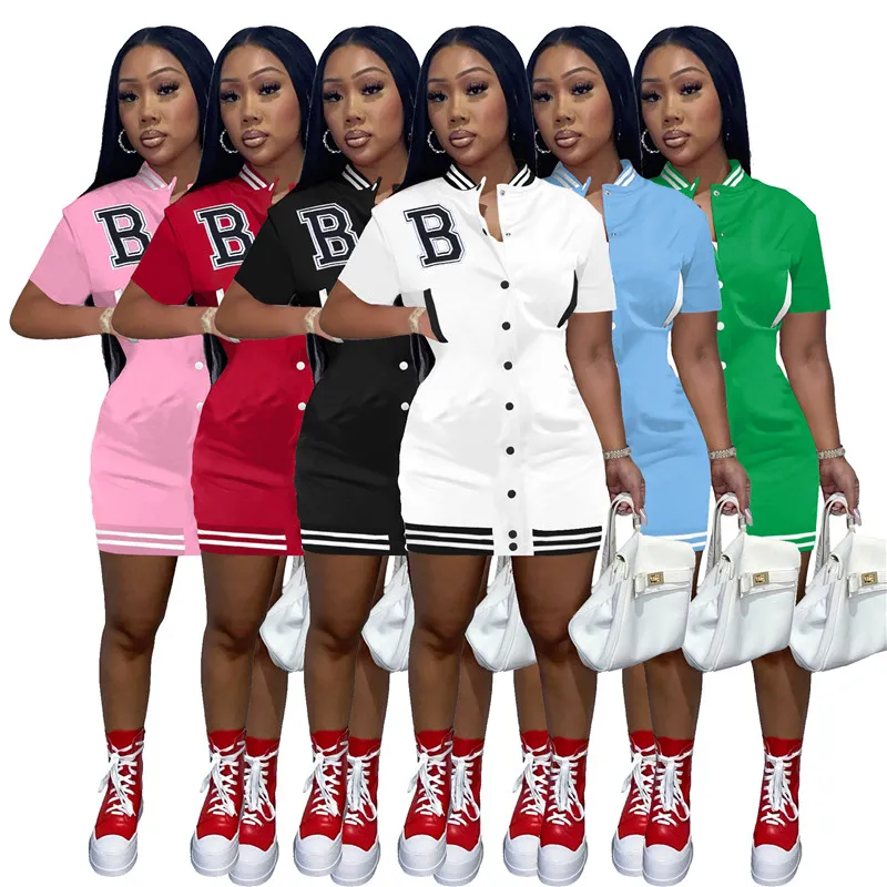 Basic Casual Dresses Wholesale Summer Dresses Women Baseball Short Sleeve Embroidery Numbers Dress Plus Size 2xl Solid Bodycon Mini Skirt Casual Wear Bl