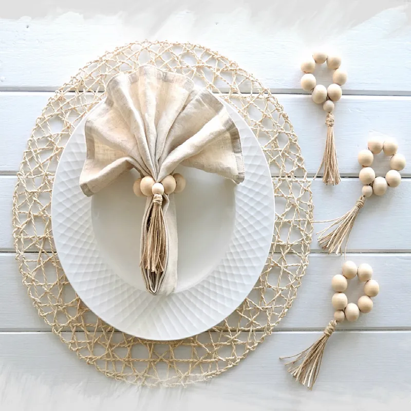 Portatovaglioli con perline in legno e nappe, regalo per l'inaugurazione della casa, set di 4 accessori per decorazioni per feste di matrimonio
