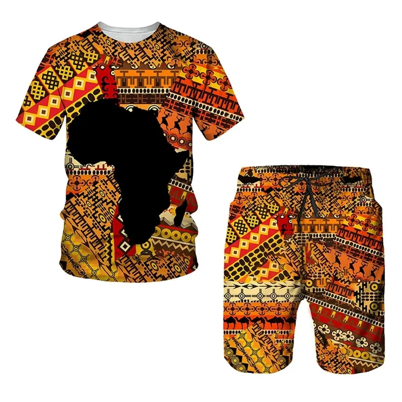 Ensembles de t-shirts pour hommes et femmes imprimés africains Afrique Dashiki Hommes Survêtement Hauts Shorts Sport et loisirs Costume d'été pour hommes 220616