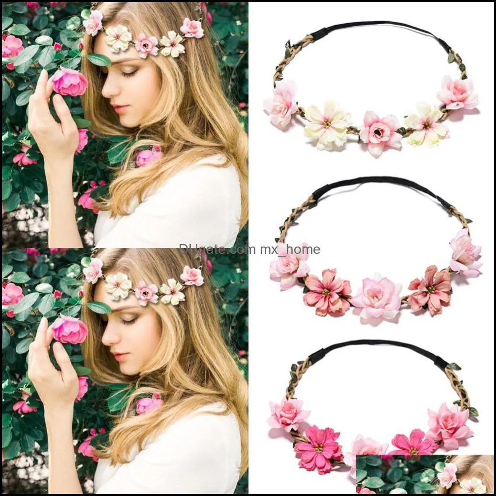 Accessoires de cheveux Couronne de fleurs de mariage Bandeau Floral Guirlande Femmes Fille Mariée Élastique Couronne Vacances Casque Femme Drop Livraison Dhlnu