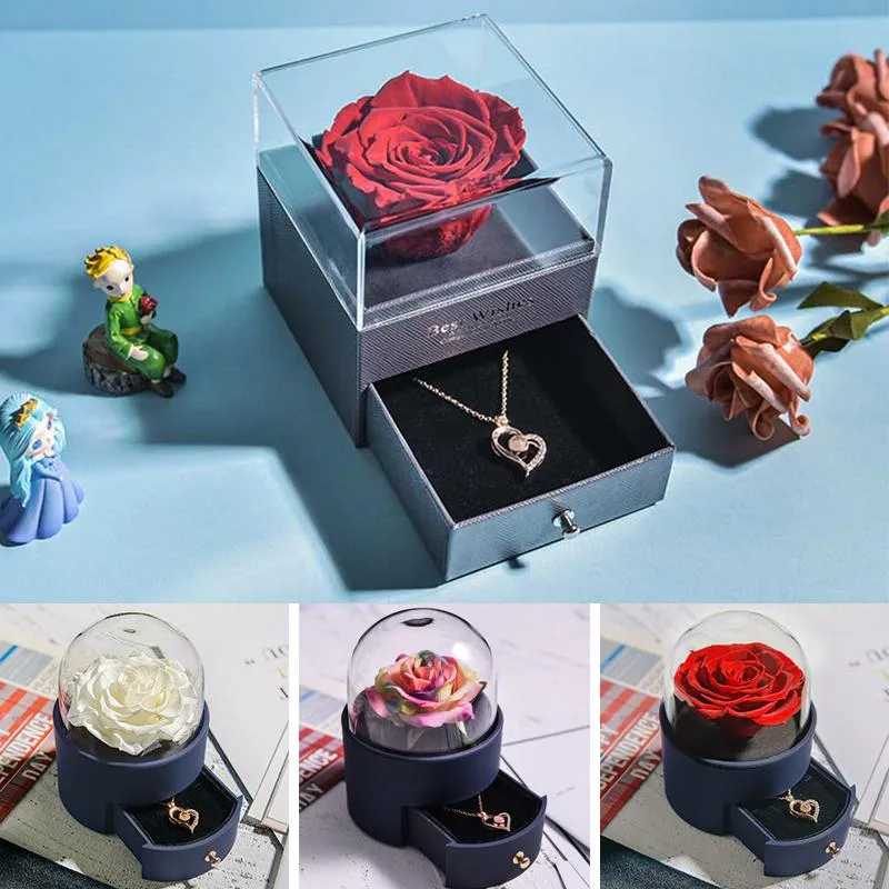 Decorative Flowers & Wreaths Girls Gift Natural Preserved Rose Jewelry Box /w Love Necklace Eteternal Storage Case Birthday Gifts For WomenD
