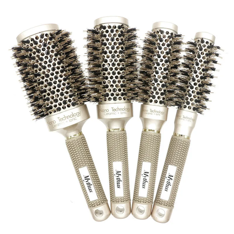 Mythus Professional Nano Technology Ceramic Ionic Hair Round Brush Boar Bristle Antistatic Heat Resistant Hair Curling Brushes 220510