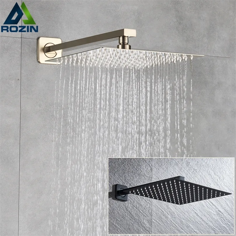 Rozin Brushed Golden Rainfall Shower Head Bathroom 8/10/12" Ultrathin Style Top with Wall Mounted Arm 220401