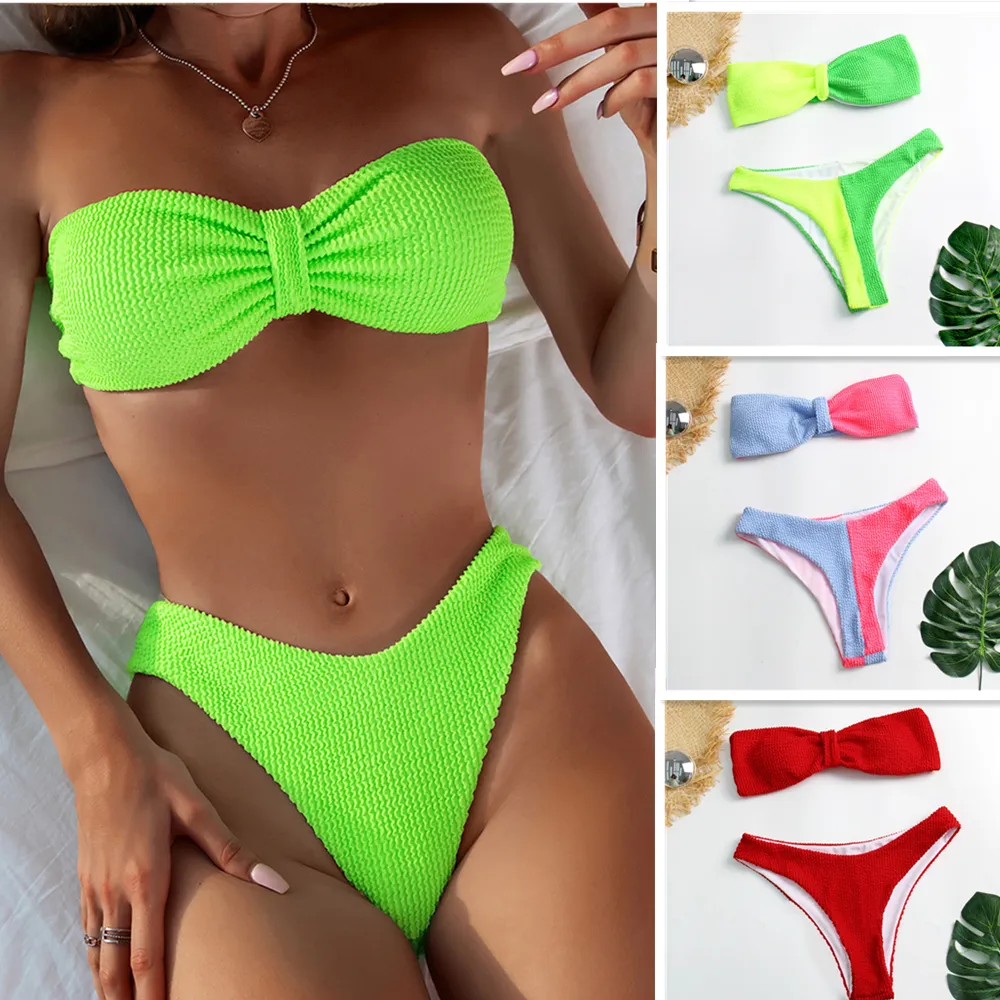 2022 sexiga kvinnor hög midja bikini baddräkt badkläder kvinnlig bandeau thong brasiliansk bikini set baddräkt bather