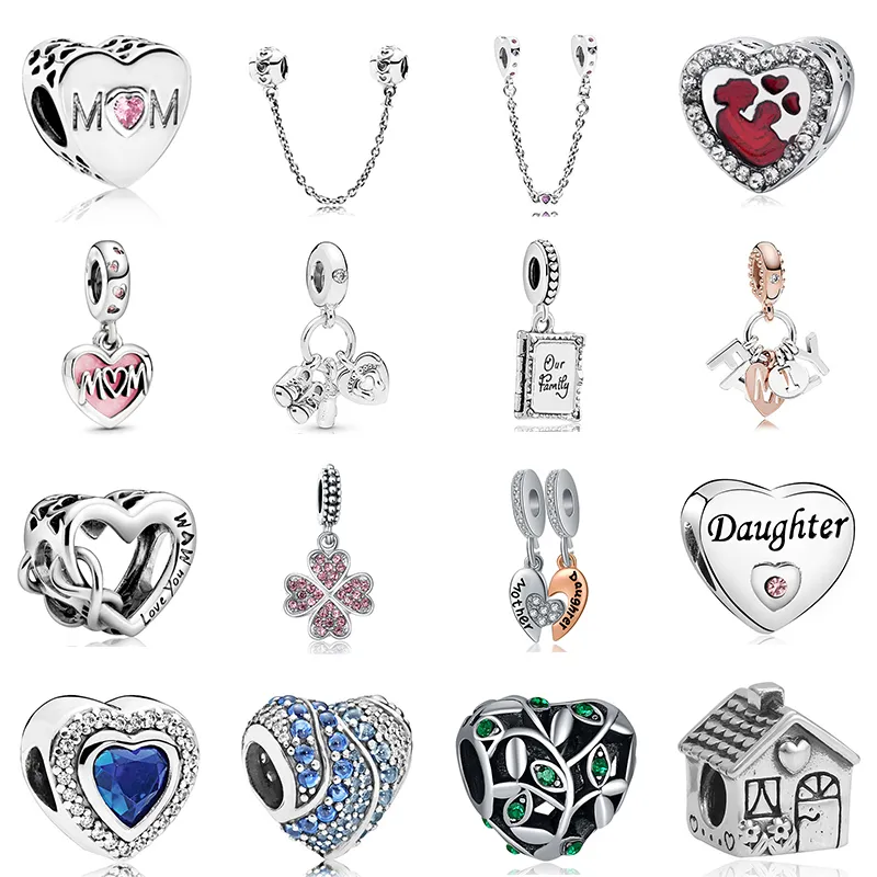 Ciondolo in argento sterling 925 Nuovo originale in lega di perline Famiglia Madre Papà Ciondolo a cuore d'amore Perlina adatta Pandora Charms Bracciale Accessori gioielli fai da te