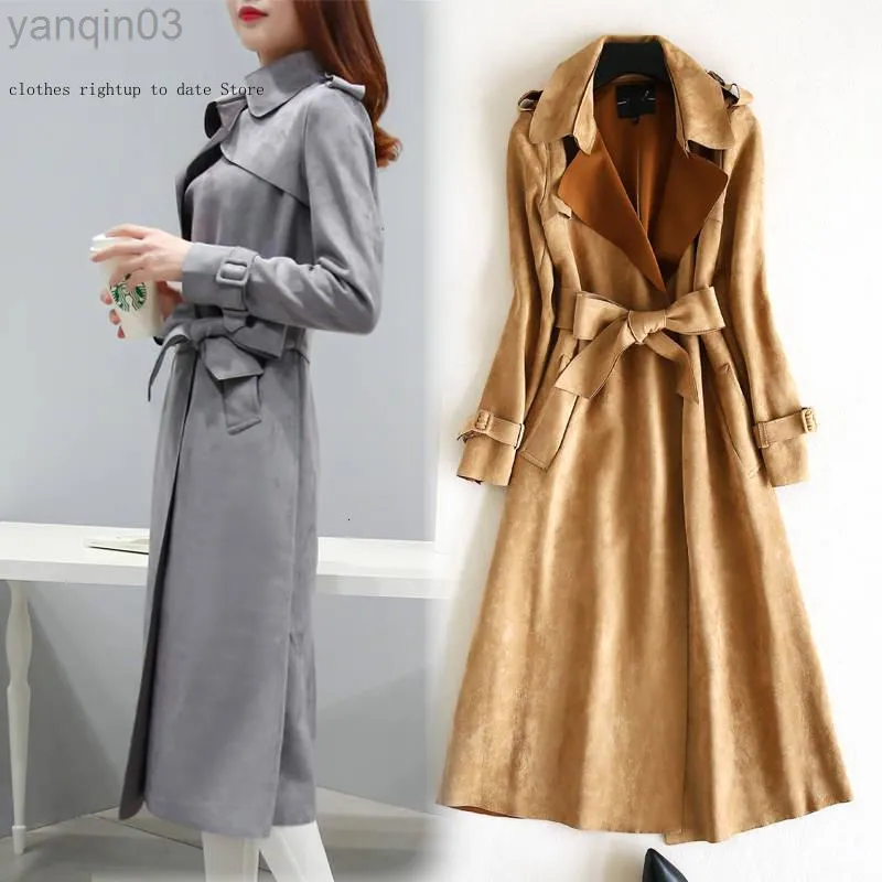 Khaki Red Pink Large Size Faux Suede Coat Autumn Spring Long Faux Leather Suede Trench Women Fall Ladies Korean L220801