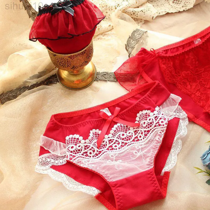 2XL 3XL 110KG Plus Size Female Big Panties High Quality Sexy Lace Bow Red  Underwear Women Cotton Intimates Hot Briefs L220802