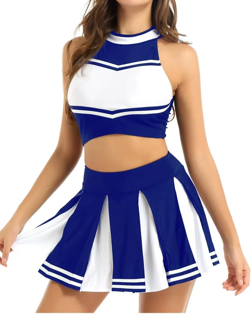 Cheerleading Women Costume Uniform School Girls Carnival Cosplay Outfit Stand Collar Sleeveless Crop Top With Mini Pleated SkirtCheerleading