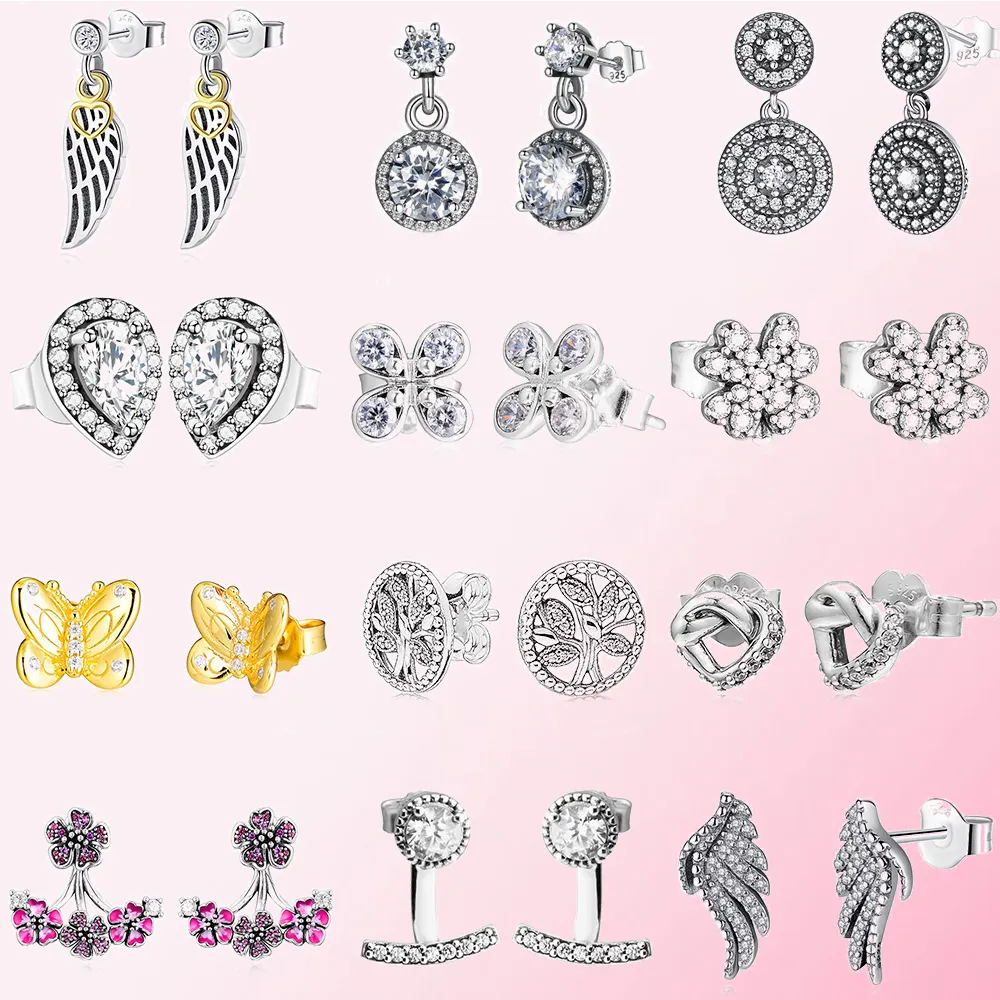 925 Silver Classic Authentic Angel Stud Leaves Earrings Ladies Charm Fashion Diy Jewelry