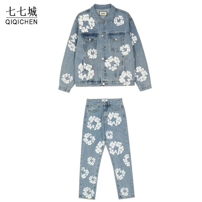 Denimjacka och jeans Sätt män Flower Graffiti High Street Autumn Street Loose Coat Straight Pant Casual Vintage Washed Suit 220726