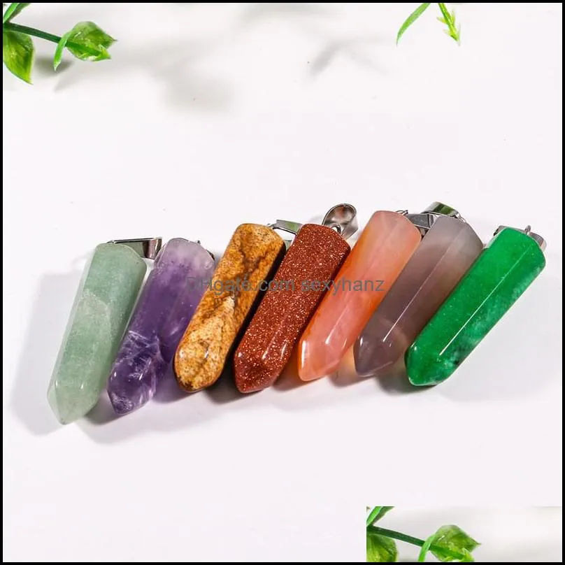 Natural Stone hexagonal prism opal Tiger`s Eye Pink Quartz Crystal Healing Chakra Pendants Charms DIY necklace earrings Jewelry Accessories