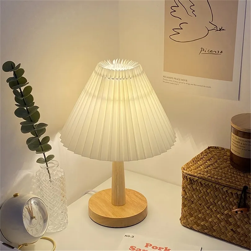 Usb Vintage Lampe Plissée Dimmable Lampe De Table Coréenne avec Led Perle Blanc Chaud Jaune pour Chambre Salon Éclairage À La Maison Décor 220329