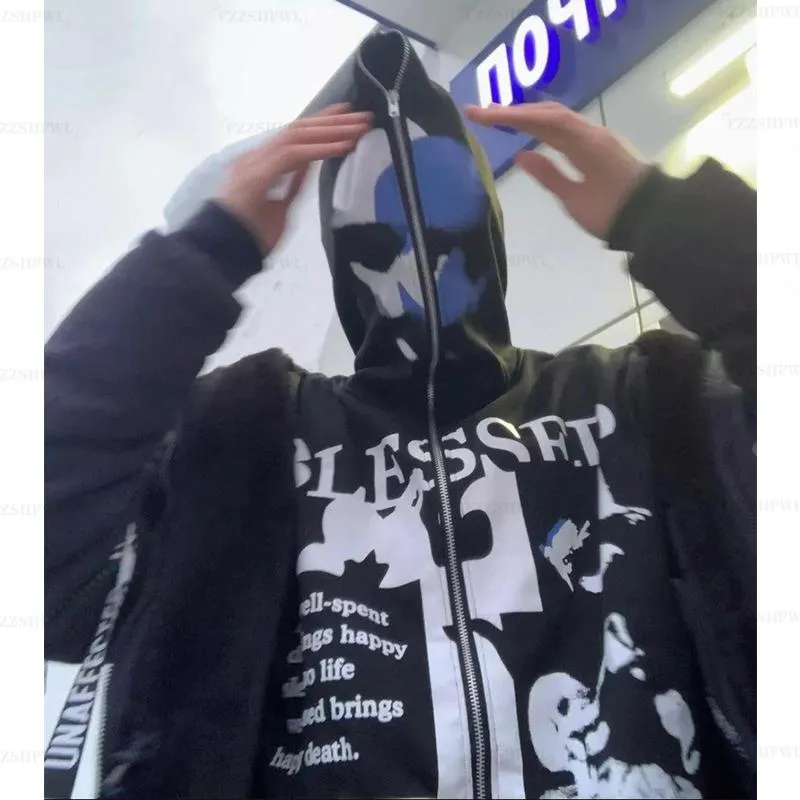 Kvinnors hoodies tröjor hiphop skelett grafik tryck goth hoodie harajuku punk zip up överdimensionerad kappa y2k man jacka män toppswomen's