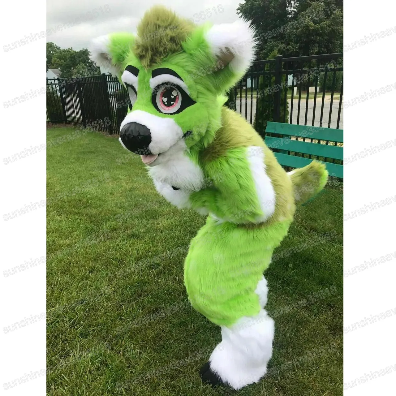 Halloween Long Fur Green Husky Dog Mascot Costume Cartoon Theme Character Carnival Unisex vuxna storlek Jul födelsedagsfest fancy outfit