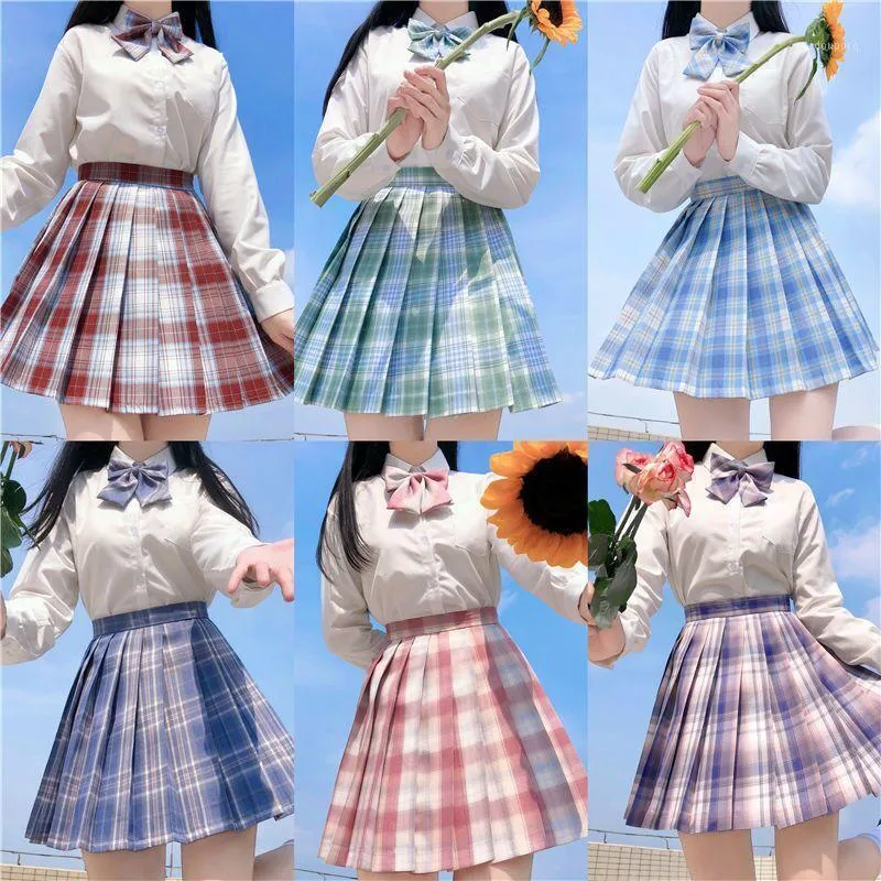Kjolar 2022 sommar japanska enkla rutiga vilda löst plus size college stil casual kvinnor a-line veckad kort kjol