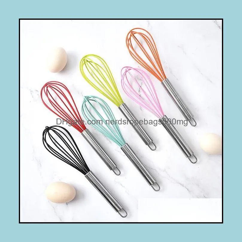 Egg Beater Kitchen Tools Solid Color 10inch Stainless Steel Mini Silicone Whisk for Nonstick Cookware Cooking Utensil RRE12232