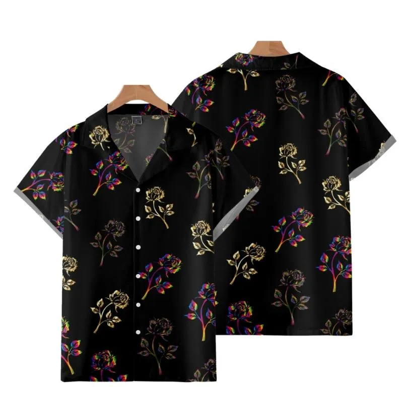 Camisas casuais masculinas cor rosa flor rosa estampado havaí havaí manga curta camisa cubana festa de férias use roupas vintage streetwea