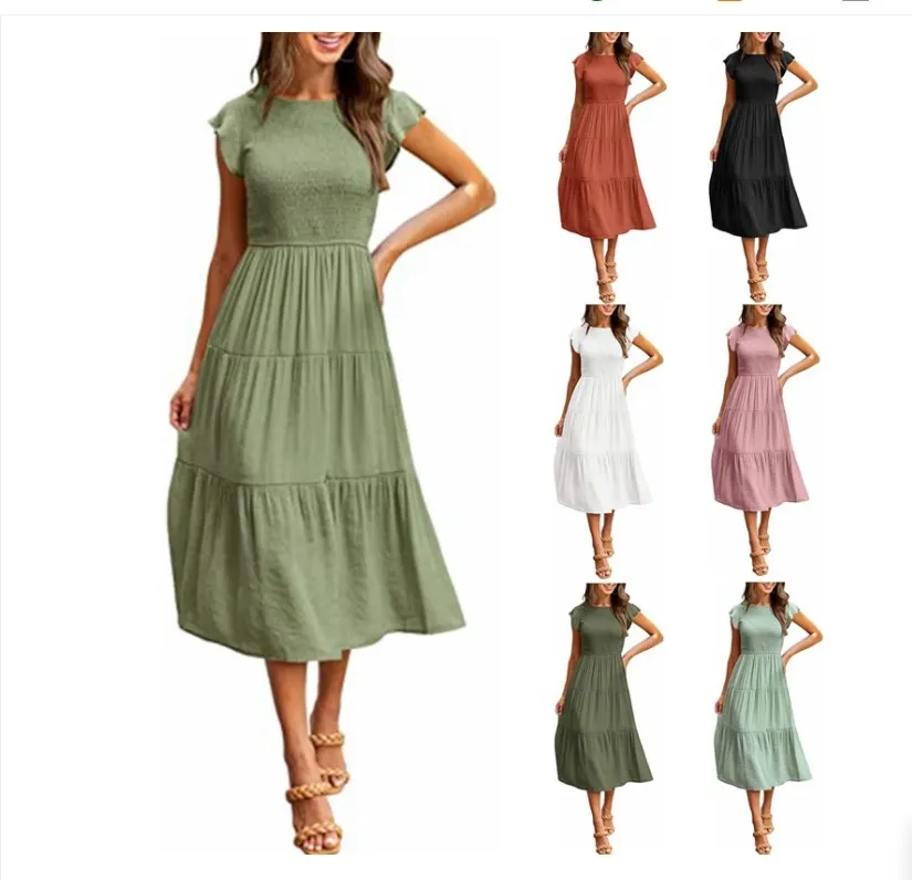 2022 Casual Women Summer Solid Color Baggy Beach Midi Dress Feifei Sleeve Smoke Plait Layered Posed Dress With Short Sleeves