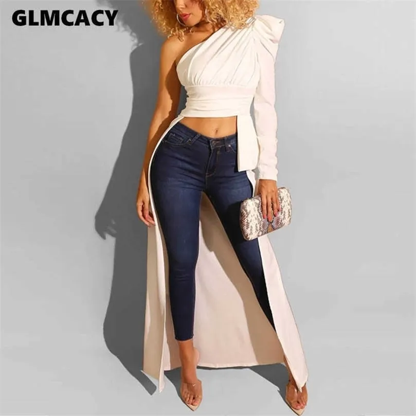 Femmes Casual Skew Collier Dip Hem Puff Sleeve T-shirt Streetwear Solide Une épaule à manches longues Asymétrique Femmes Tops 210702