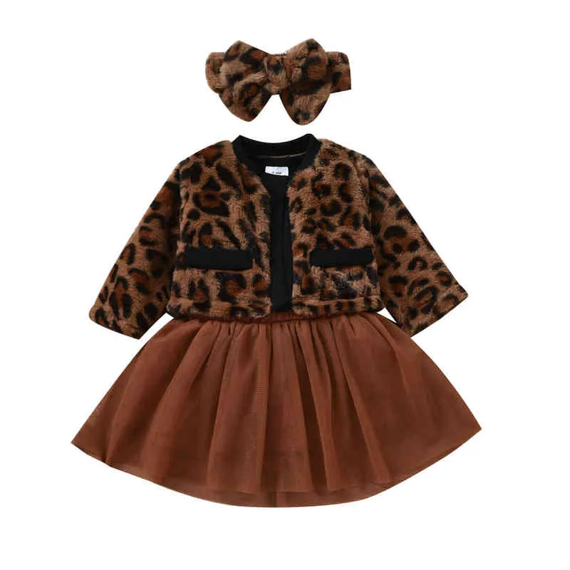 Citgeett Autumn Newborn Babed Girls Clothing Set Leopard Printed Fur Jacket Kort ärm Romper med Tutu kjol pannband J220711