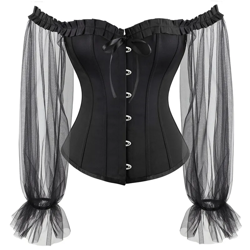 Haut corset en satin noir avec col court et manches longues en maille Lolita 2022 New Victorian Steel Bones Shaper Bustiers