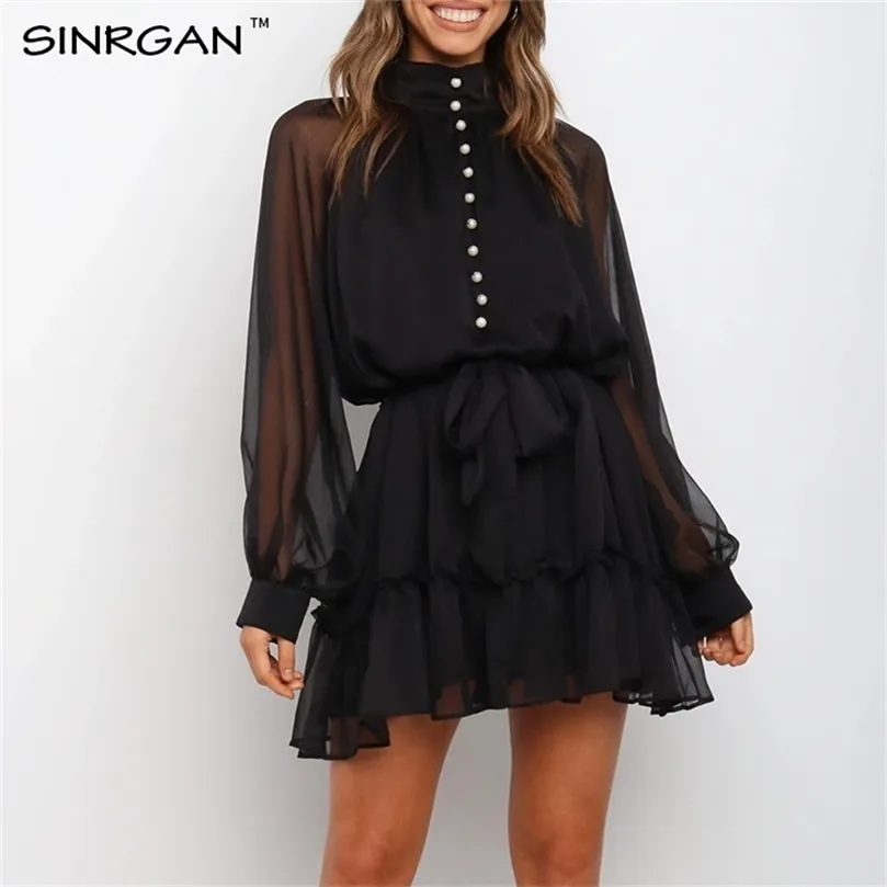 NANKEY Black Sexy High Neck Chiffon Mini Dress A-Line Long-Sleeve Turtlenck Fashion Dress Bandage Mini Dresses 210303